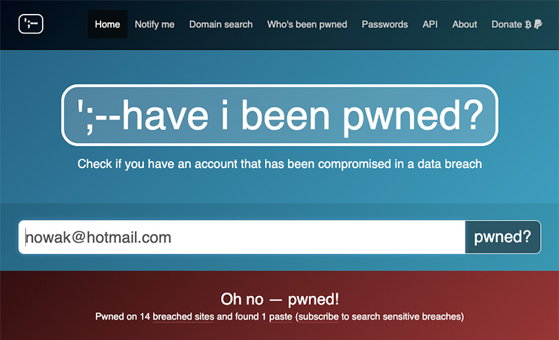 sprawdzanie wycieku na have i been pwned